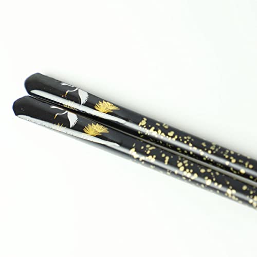 お箸 23cm 天然木製 おはし 先角仕上げ おしゃれ モダン 天削 レッド ブラック 赤 黒 野花 松 鶴 大人 カトラリー 女性 男性 和柄 和風(黒 松鶴)