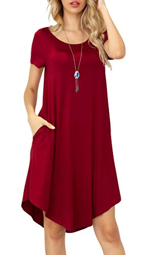 Image of Women Casual Loose Soft Crewneck Short Sleeve Pockets Swing T-Shirt Dress