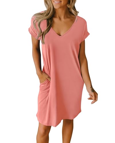 BTFBM Womens Summer Dresses Pockets 2025 Short Sleeve V Neck Nightgowns Loose Beach Vacation Casual Pajama T Shirt Dress (Pink, Medium)
