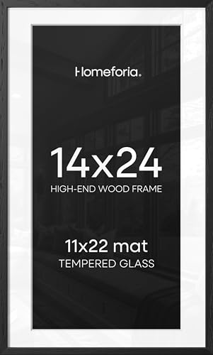 Image of Homeforia 14x24 Picture Frame Black Wood, High End Oak 14x24 Poster Frames with Mat 11x22 Photo, 14 x 24 Wooden Frame Matted to 11 by 22 Print, 24x14 Hanging Frames, Tempered Glass, Wall Kit, Set of 2