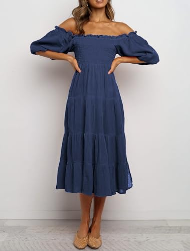 Image of R.Vivimos Women's Summer Cotton Lantern Sleeves Ruffled Off Shoulder A-Line Midi Dresses