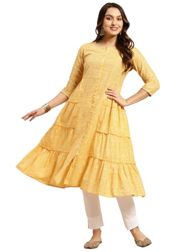 Image of rangita Cotton Calf Length Printed Tiered Flared Kurti for Women | Kurta for Women