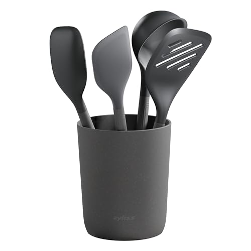 Zyliss 5 Piece Kitchen Utensil Set, Sustainable Wheatstraw/Silicone, Includes, Ladle, Turner, Spatula, Spoon and Holder, Heat Resistant Silicone Heads, Beluga Grey