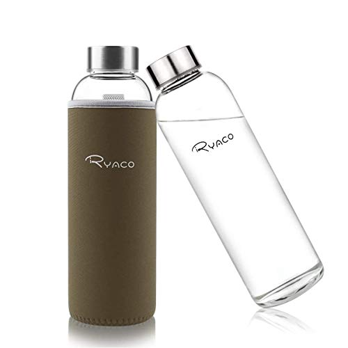 Ryaco Botella de Agua Cristal 550ml, Botella de Agua Reutilizable 18 oz, Sin BPA Antideslizante Protección Neopreno Llevar Manga y Cepillo de Esponja (550ml, Café ligero) Cover