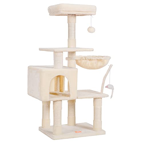 Image of Heybly Cat Tree with Toy, 43.3 inch Cat Tower for Indoor Cats HCT004M | Cat Condo with Durable Sisal Scratching Posts, Cat House with Padded Plush Perch, Cozy Hammock, Beige