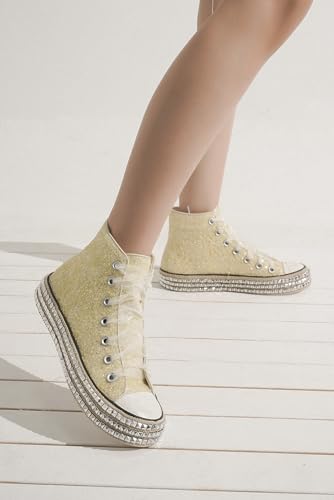 Womens High-Top Canvas Sneakers Studded Rhinestone Side Shoes Lace Up Fashion Shoes Casual Platform Ankle Boots4