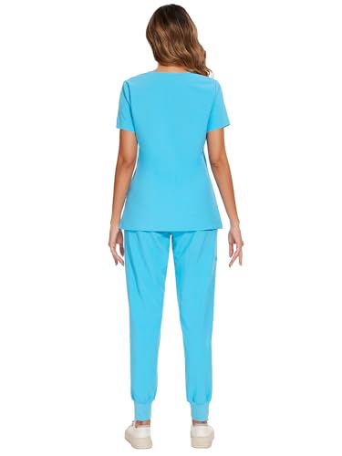 Scrubs for Women Set - Stretch V-Neck Top & Jogger Pant, Aqua Blue, XL by COZYFIT - Used condition - Image 4
