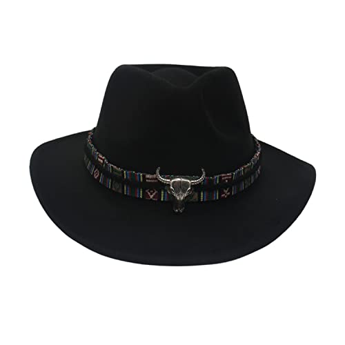 Image of Women Men Faux Felt Western Cowboy Hat with Ox Head Belt Buckle Mexican Cowgirl Wool Hat Newsboy Top Cap Wide Brim Fedora
