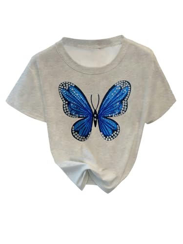 Image of RoseSeek Women's Beaded Sequin Tops Bowknot Bow T Shirt Short Sleeve Crewneck Trendy Tee Top Y2k Tops