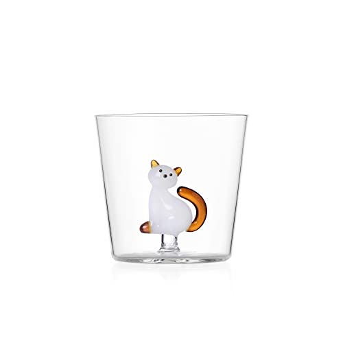 Ichendorf Milano Tumbler Gatto, Bianco con Coda Ambra, Collezione Tabby Cat, 35 cl, Vetro Borosilicato, Fatto a Mano