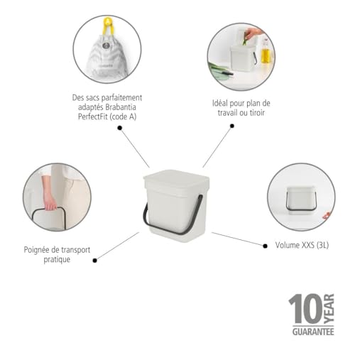 Brabantia 213229 Sort & Go Food Trash Can (0.8 Gal/Light Gray) Small Countertop Kitchen Compost Caddy thumb #1