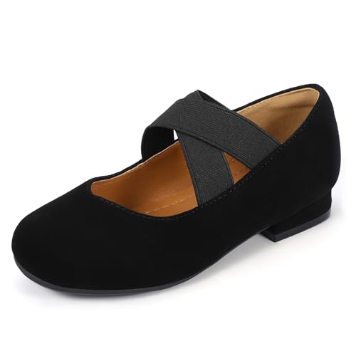 PANDANINJIA Girls Dress Shoes Ballet Flats Mary Jane Elastic Cross Strap Little Big Kid Low Heels Flower Girl Shoes