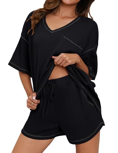 Image of Womens Pajama Sets Waffle Knit 2 Piece Short Lounge Set Cute Sleep Loungewear Pjs Set Short Sleeve Top and Shorts