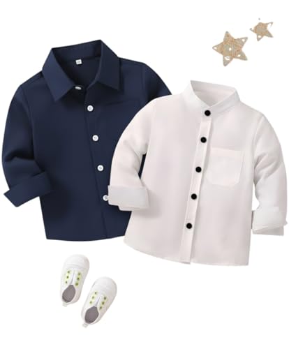 Image of Boys Shirt, Black and White Plaid and Light Blue Solid, Long Sleeve Button-Up, 2 Pack