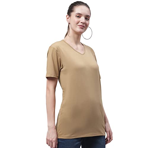 Image of Mack Jonney Women V Neck Cotton Solid Regular Fit T-Shirt-V Anthraa 001-P