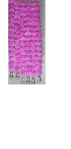SPHINX Artificial Marigold Fluffy Flowers and Golden/Silver Hanging Bells Short Garlands/Torans/Wall hangings for Decoration Approx 2.5 ft- 15 Flowers per String- (Baby Pink, 2)