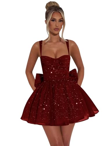 Xijun Teens Glitter Homecoming Dresses with Bow Short Mini HOCO Dress Corset Spaghetti Strap Cocktail Party Gown