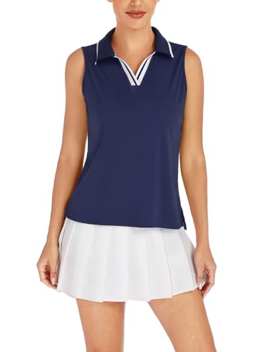 ZANZEA Womens Golf Shirt Sleeveless V Neck Tennis Polo Shirts with Collar Lightweight Quick Dry Athletic Tops for Women Dark Blue M