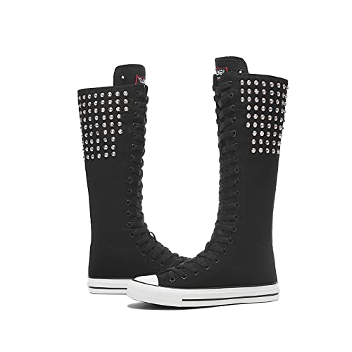 Momuk Women's Knee High Lace Up Sneakers Side Zip Canvas Shoes Fashion Dancing Mid Calf Boots3