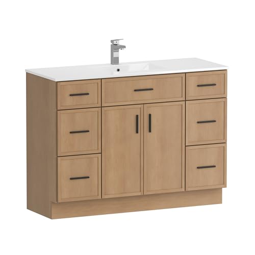 Image of 48 Inch Bathroom Vanity, Modern Bathroom Vanity Without Sink, Freestanding Bathroom Cabinet with 2 Soft Closing Doors & 6 Storage Drawers, Natural