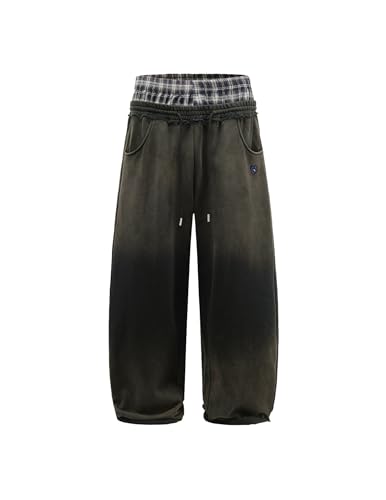 Aelfric Eden Double Waist Washed Baggy Sweatpants Loose Wide Leg Plaid Patchwork Casual Pants with Pockets