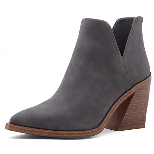 Shoe Land Mingo Women's Ankle Booties Chunky Stack Heels V Cutout Boots Pointed Toe Back Zipper Slip on Shoes