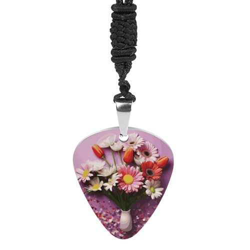 フレッシュフラワープリントピックネックレス(1.2 x 1.1インチ)。チタンスチール製、24インチのブラックロープとペア。男性と女性の両方に合わせた絶妙なペンダントギターピックホルダー。