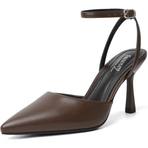 Susanny Dark Brown Heels for Women Closed Toe Heeled Leather Pointed...