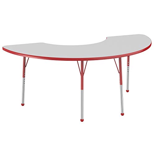 Image of FDP Half Moon Activity School and Office Table (36 x 72 inch), Standard Legs with Ball Glides for Collaborative Seating Environments, Adjustable Height 19-30 inches - Gray Top and Red Edge
