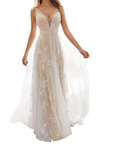 Onsoyours Damen Hochzeitskleid Einfarbig Kleider Ärmellos V-Ausschnitt...