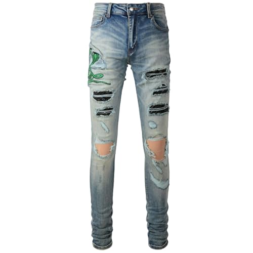 Jeans Pants Trousers Denim Men Street Trendy Stretch Tight Slim Fit Personalized Embroidered Snake Pattern Washed Blue Hole Patch Casual Small Foot(Light Blue,29)