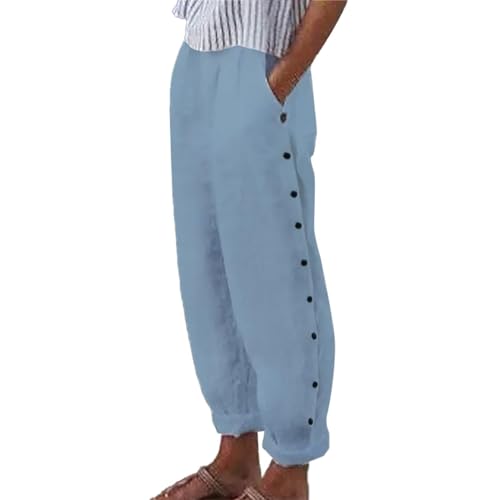 Cotton Linen Pants for Women Striped Print Side Button Pants Baggy Elastic Waist Straight Leg Trousers w Pocket
