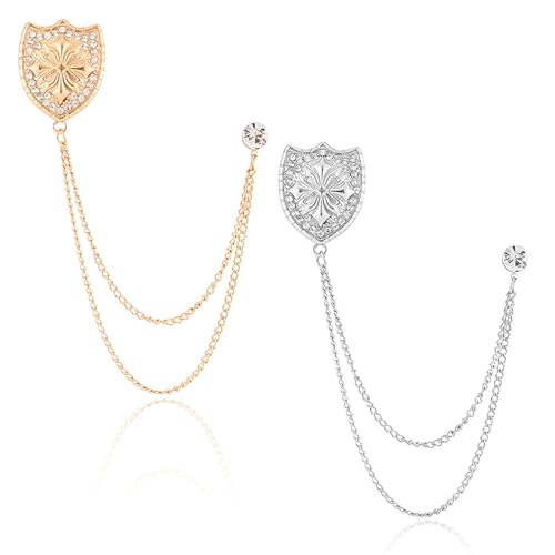 Image of 2PCS Crystal Hanging Chain Brooch Suit Pin for Men Women Vintage Crown Cross Star Diamond Broochs Gold and Silver Wedding Brooch for Clothes Dress Hats Bags Accessory