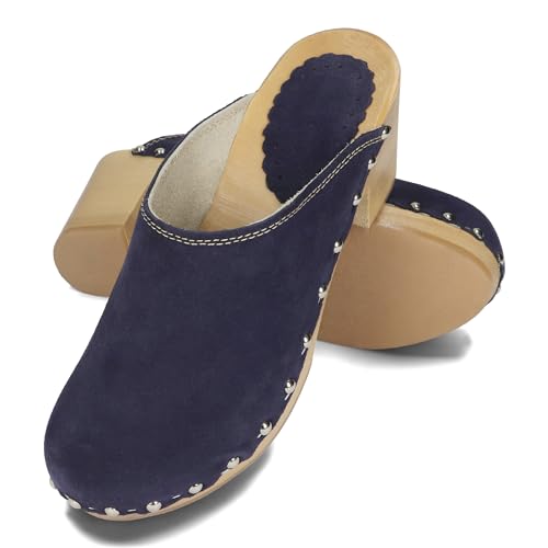 BeComfy Zuecos de Mujer Tacón Zapatos de Madera Calzado Cuero Gamuza Ante 35-41 EU (Azul Marino, Numeric_35)
