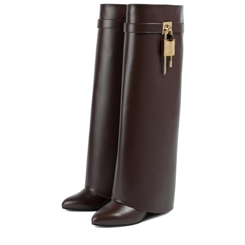 Arqa Women’s Fold Over Ebony Brown Knee High Boots Covered Wedge Heels Padlock Shark Boots Almond Toe Wide Calf Tall Booties Dress Party Shoes Size 4