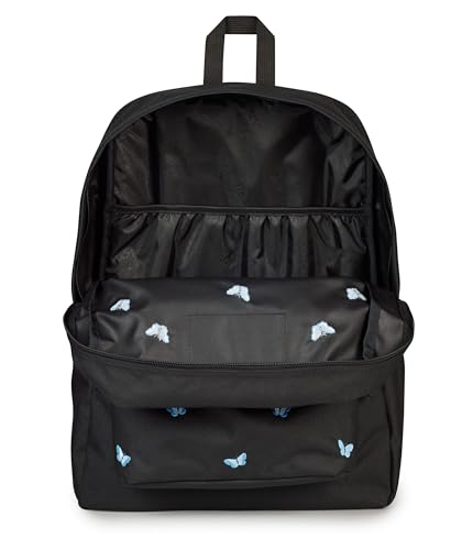 Image of JanSport Superbreak Plus FX Backpack - Work, Travel, or Laptop Bag with Water Bottle Pocket, Superbreak Plus Fx, Tiny Butterflies Black /Md Blu /Lt Blu
