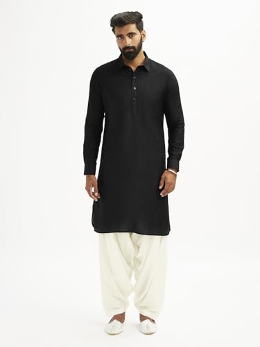 Image of VASTRAMAY Men's Black and White Viscose Pathani Kurta Set, Traditional Pathani Khan Suit Set in Viscose Fabric, and Salwar Patiala Pyjama for Weddings & Festival, Ethnic Outfit | Independence Day