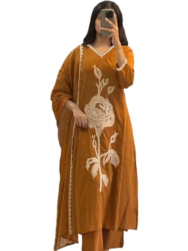 Image of ANNI Designer Women Rayon Viscose Straight Embroidered Kurta with Pant and Dupatta | 3 /4 Sleeve | V-Neck | Ethnic Kurta Set for Women