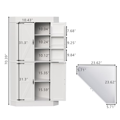 Gyfimoie Corner Cabinet,Kitchen Pantry Storage Cabinet,Freestanding Buffet Hutch with 4 Doors and Shelves,Tall Food Pantry Farmhouse Furniture with Side Rack for Kitchen Dining Room (White)