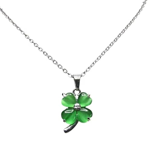 [石街] オシャレ 幸運 四葉クローバー 緑色 キャッツアイ石 ネックレス 全長60cm 開運 御守り 成功 繁栄のサムネイル