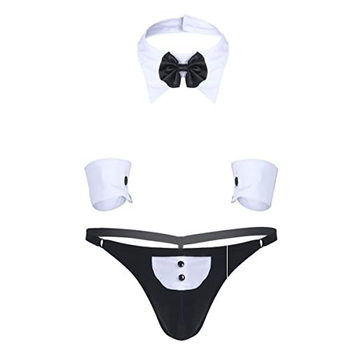Freebily Lencería Erótica para Hombres de 3 Piezas Ropa Interior Sexy de Pijama Thong Traje Disfraces de Monos Conjunto Traje Black&White Large