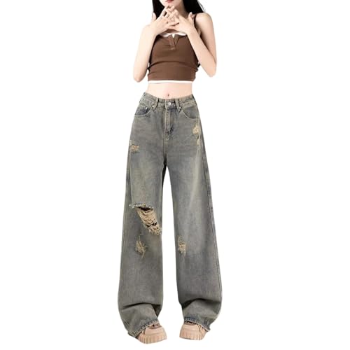 Women's Retro Ripped High Waist Straight Jeans Summer Fashion Casual with Pockets Loose Wide Leg Pants