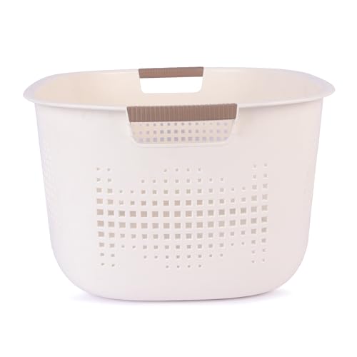 Image of ARICO Premium Plastic Laundry Basket with Comfort Grip Handles - Large Ventilated Clothes Storage Organizer for Bathroom, Bedroom & Home (Off-White, Oval Shape)