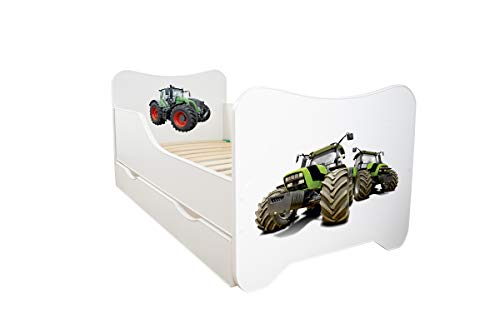 Topbeds Lit d'enfant avec tiroir Happy Kitty 140x70 cm, Tracteur, avec Matelas en Mousse, Cadre en Bois de hêtre, Construction Robuste, sûr, côtés surélevés, Confortable, Bords arrondis