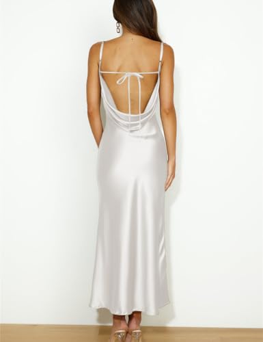 Image of Summer Satin Spaghetti Strap Cowl Neck Backless Midi Dresses for Women Elegant Tie Low Back Ruched Cocktail Dress