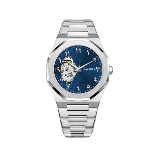 HAAZURA Automatic Watch with Arabic Calligraphy Dial, Blue Face, Stainless Steel Case, Octagonal Design, Skeleton Display