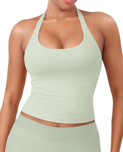 Image of YEOREO SoftHue Women's Impact Halter Tank Top Longline Backless Scoop Neck Built-in Bra Sports Workout Gym Crop Top