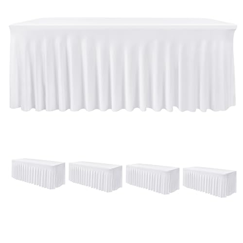 Image of HolidayIdeas White 8ft Spandex Wedding Tablecloth Fitted Stretch Table Skirts 30x96 Inch, Wrinkle-Free Floor Length Polyester Table Cover for Birthday Parties Engagement, Banquets, Events,4 Pack
