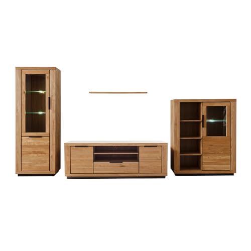 Lomadox Wohnmöbel Set Wohnwand Eiche teilmassiv 4-teilig, Fronten Massivholz/Echtholz