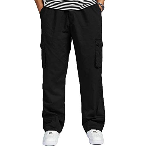 Image of REOUTLOOK Men's Regular‑Fit Cotton Cargo Pants - Elastic Drawstring Waist, 5 Pockets, Breathable Everyday Casual Trousers